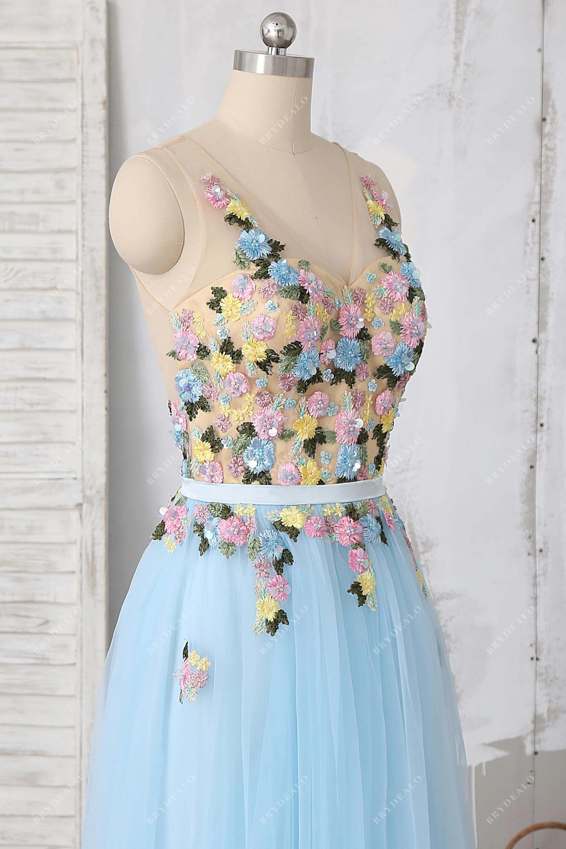 Delicate 3D Flowers Baby Blue Tulle Prom Dress