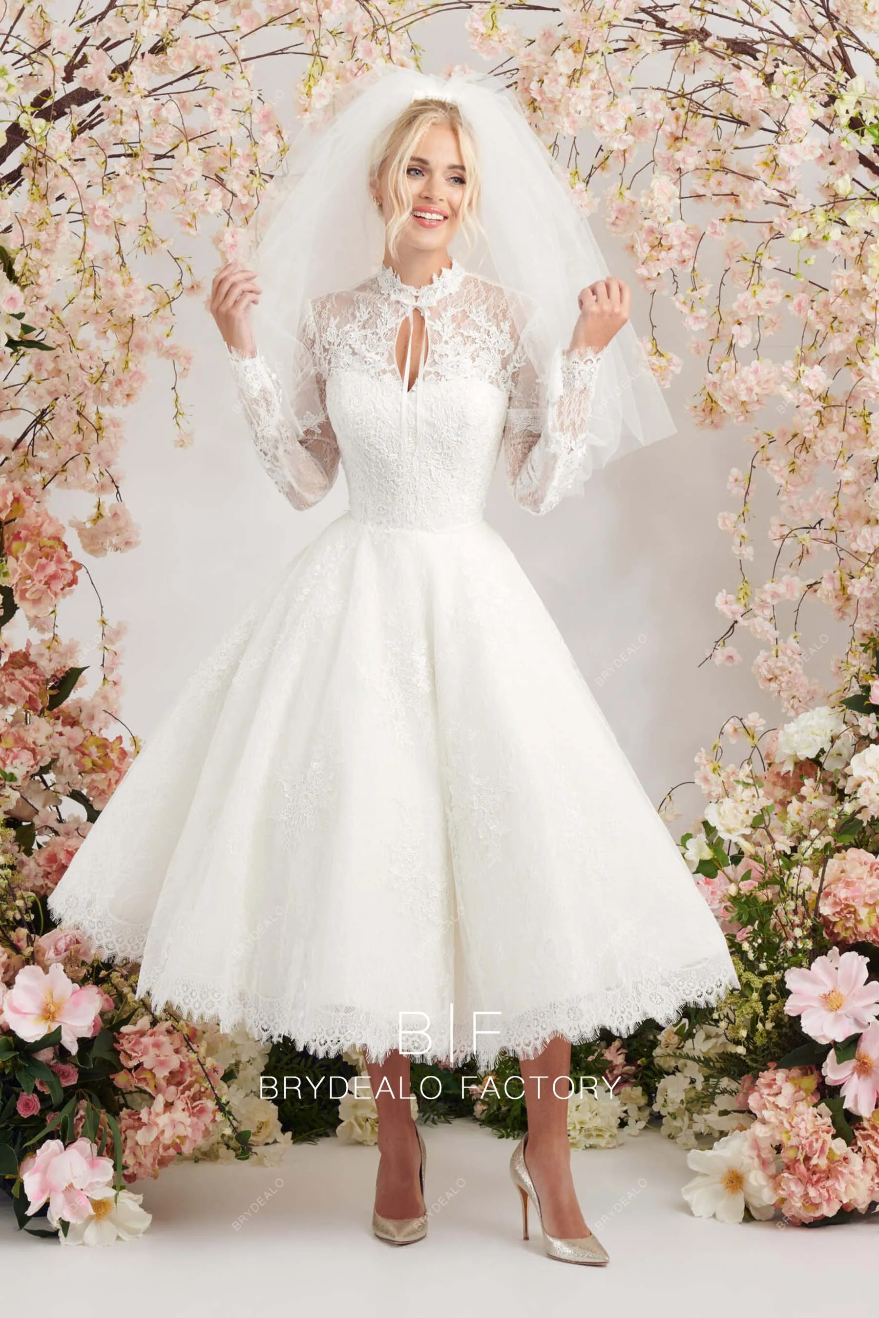 Designer Lace Long Sleeves Keyhole Neck Tea-Length Chic Bridal Dress