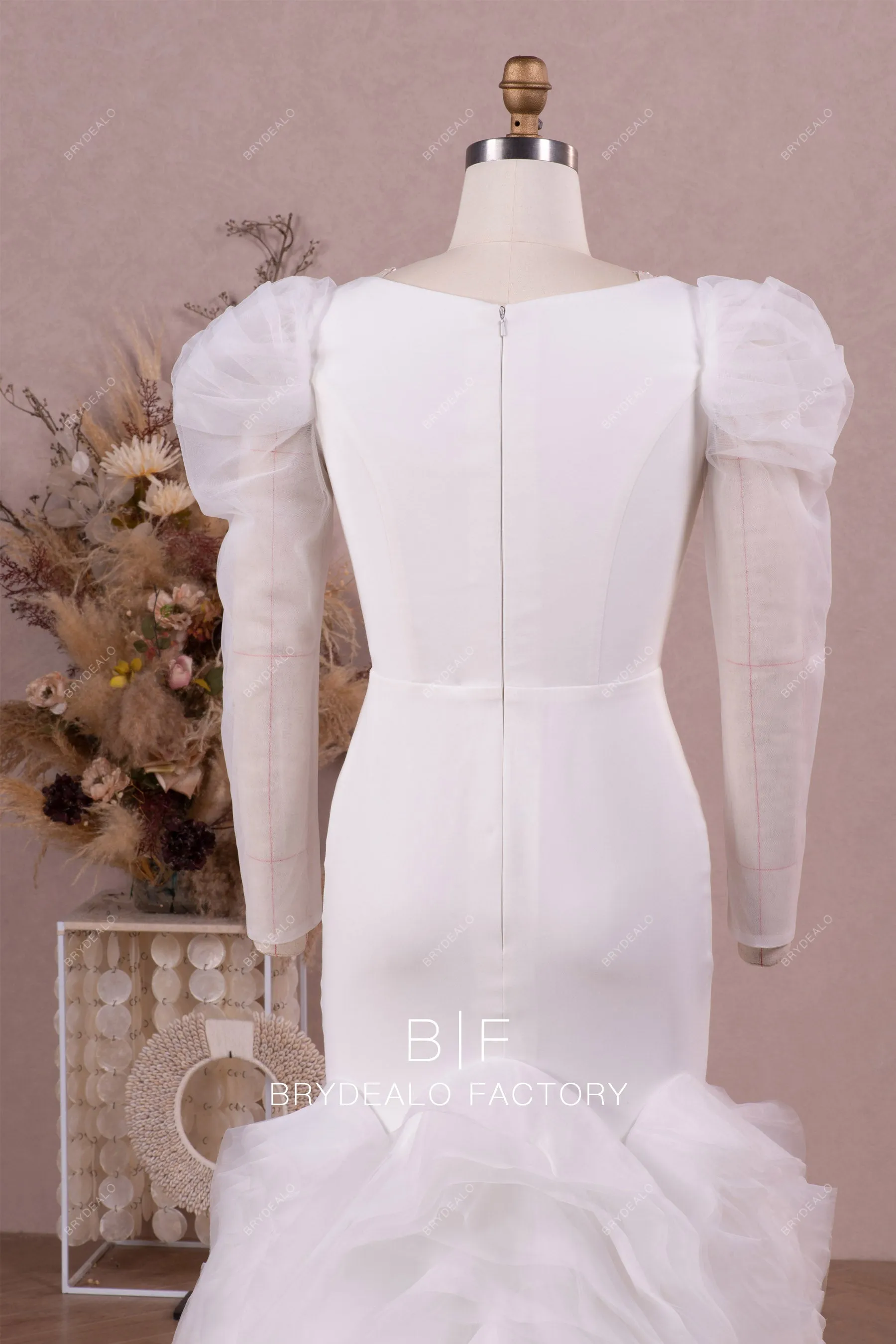 Designer Leg of Mutton Sleeve Crepe Trumpet Ruffled Wedding Dress