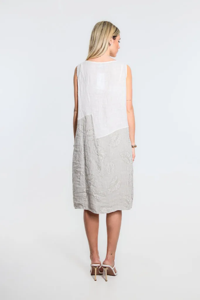 Donna Leaf Jacquard Insert Linen Dress (DT123J)