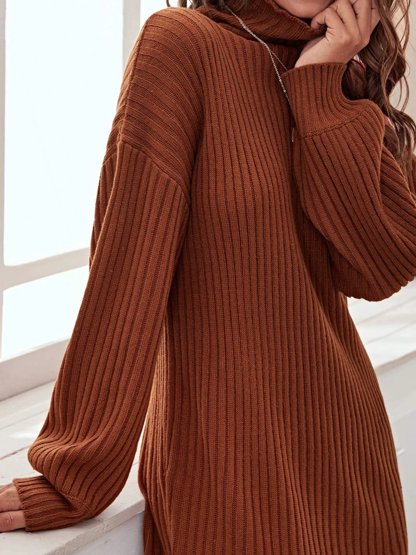 Drop Shoulder Turtleneck Rib-knit Jumper Dress Without Belt