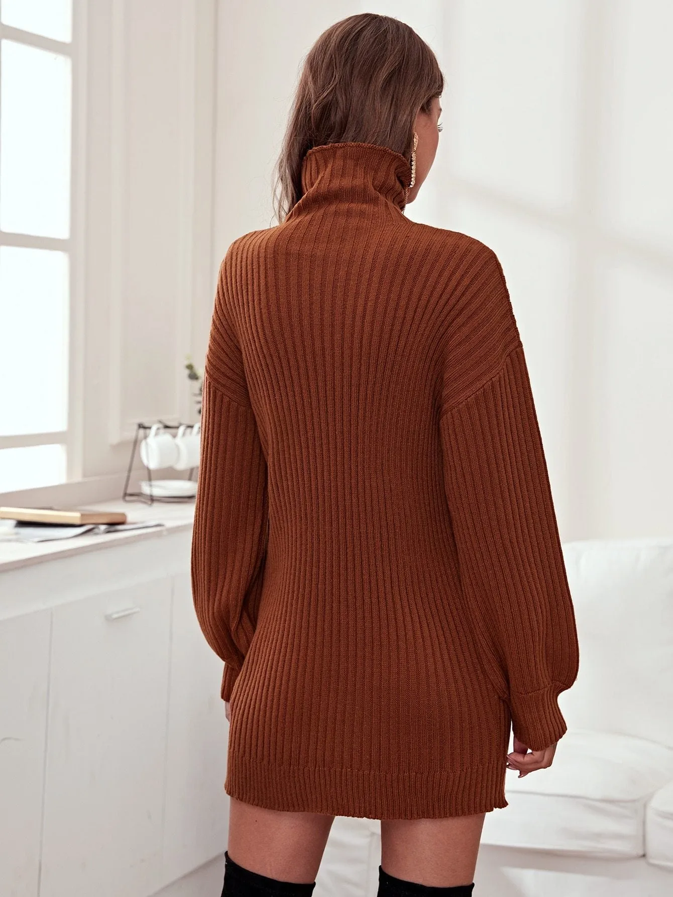 Drop Shoulder Turtleneck Rib-knit Jumper Dress Without Belt