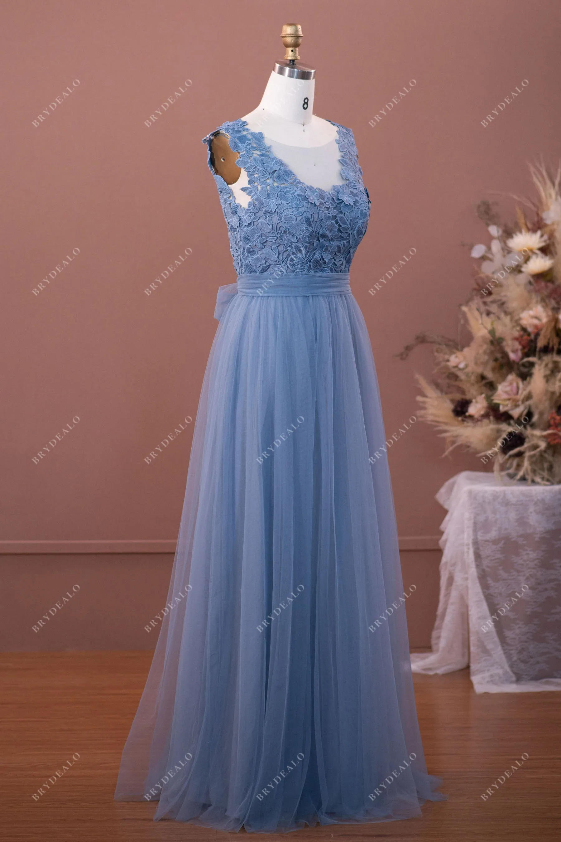 Dusty Blue Lace Tulle A-line Bridesmaid Dress