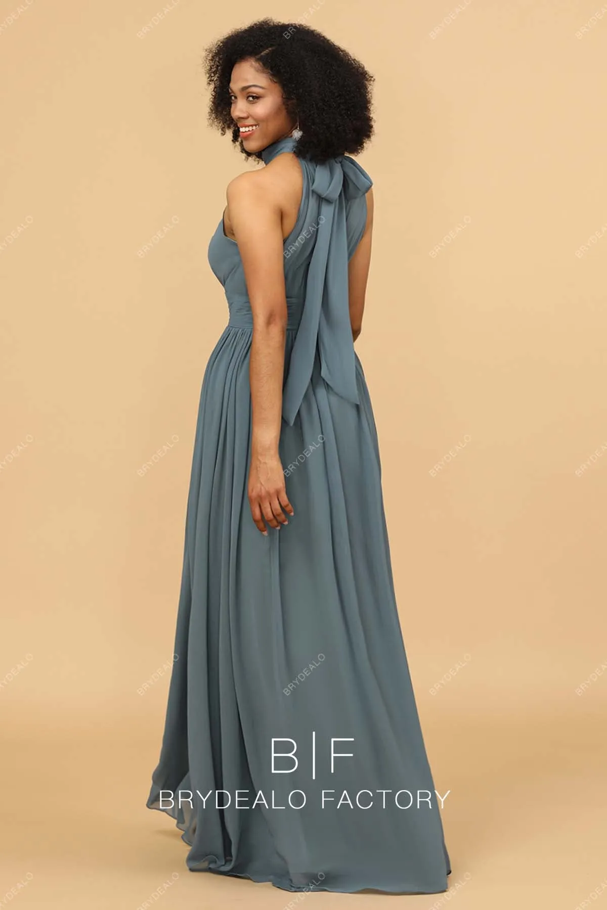 Dusty Blue Slit Floor Length Halter Neck Chiffon A-line Bridesmaid Gown