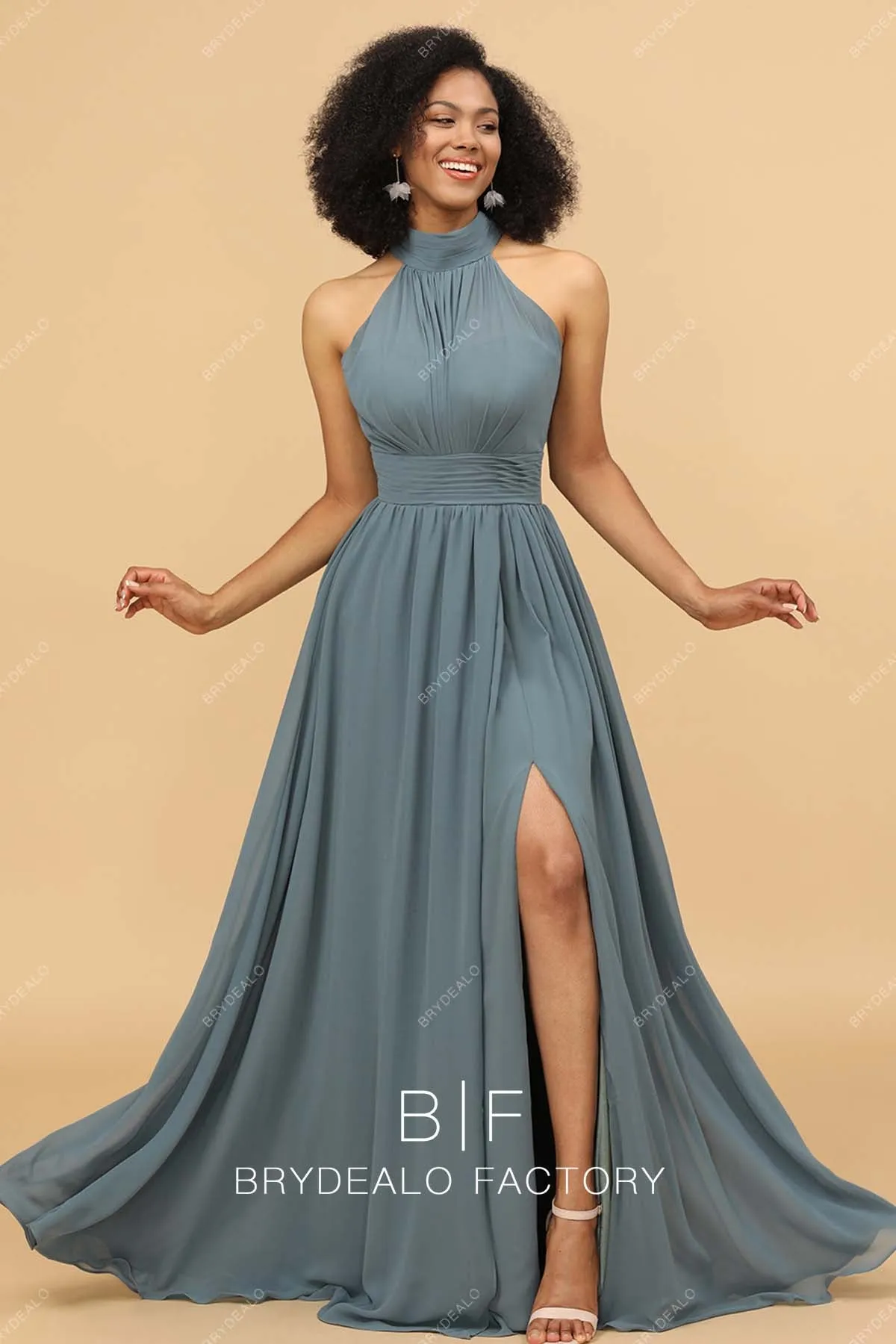 Dusty Blue Slit Floor Length Halter Neck Chiffon A-line Bridesmaid Gown