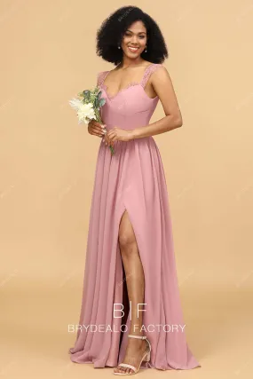 Dusty Rose Lace Cap Sleeves Chiffon A-line Slit Bridesmaid Dress