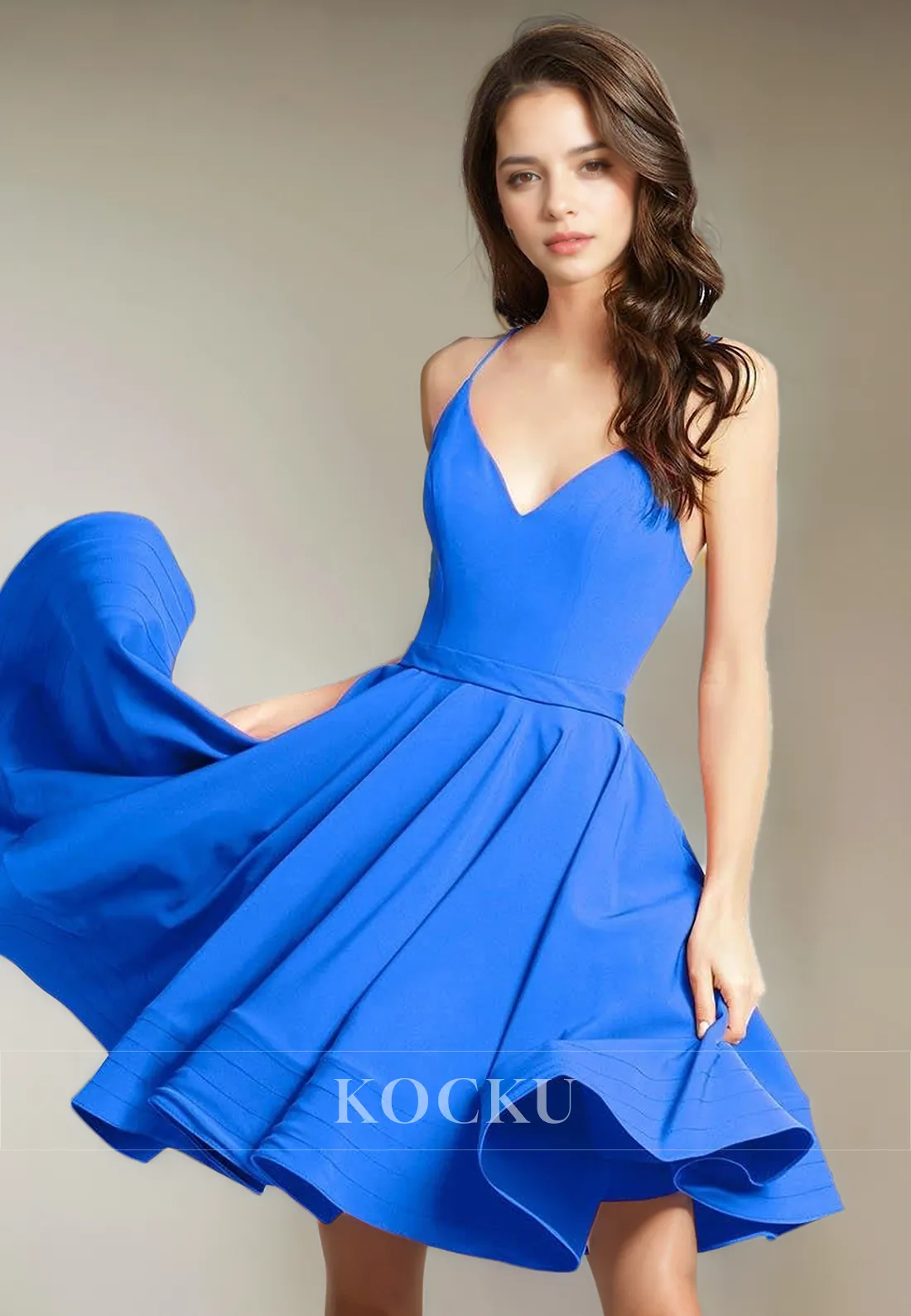 Elegant & Simple Spaghetti Straps V-Neck A-Line Satin Party Homecoming Dress