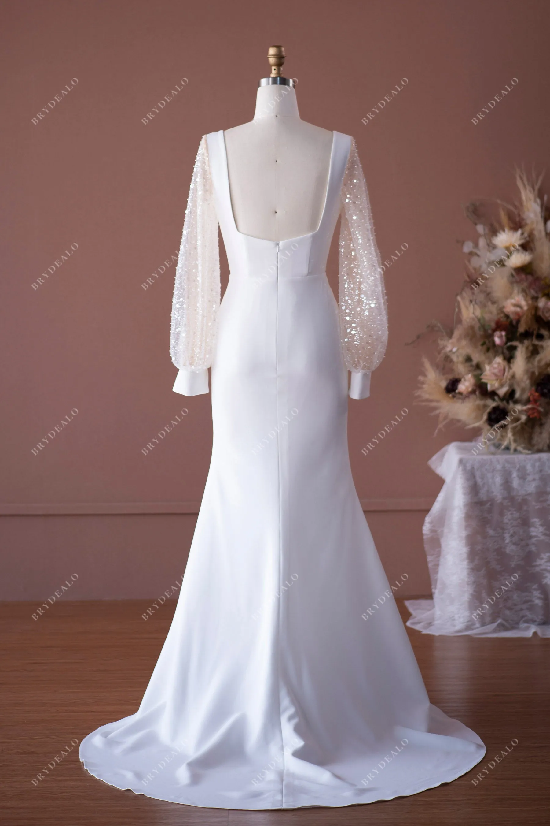 Elegant Beaded Sleeve Mermaid Crepe Wedding Dress