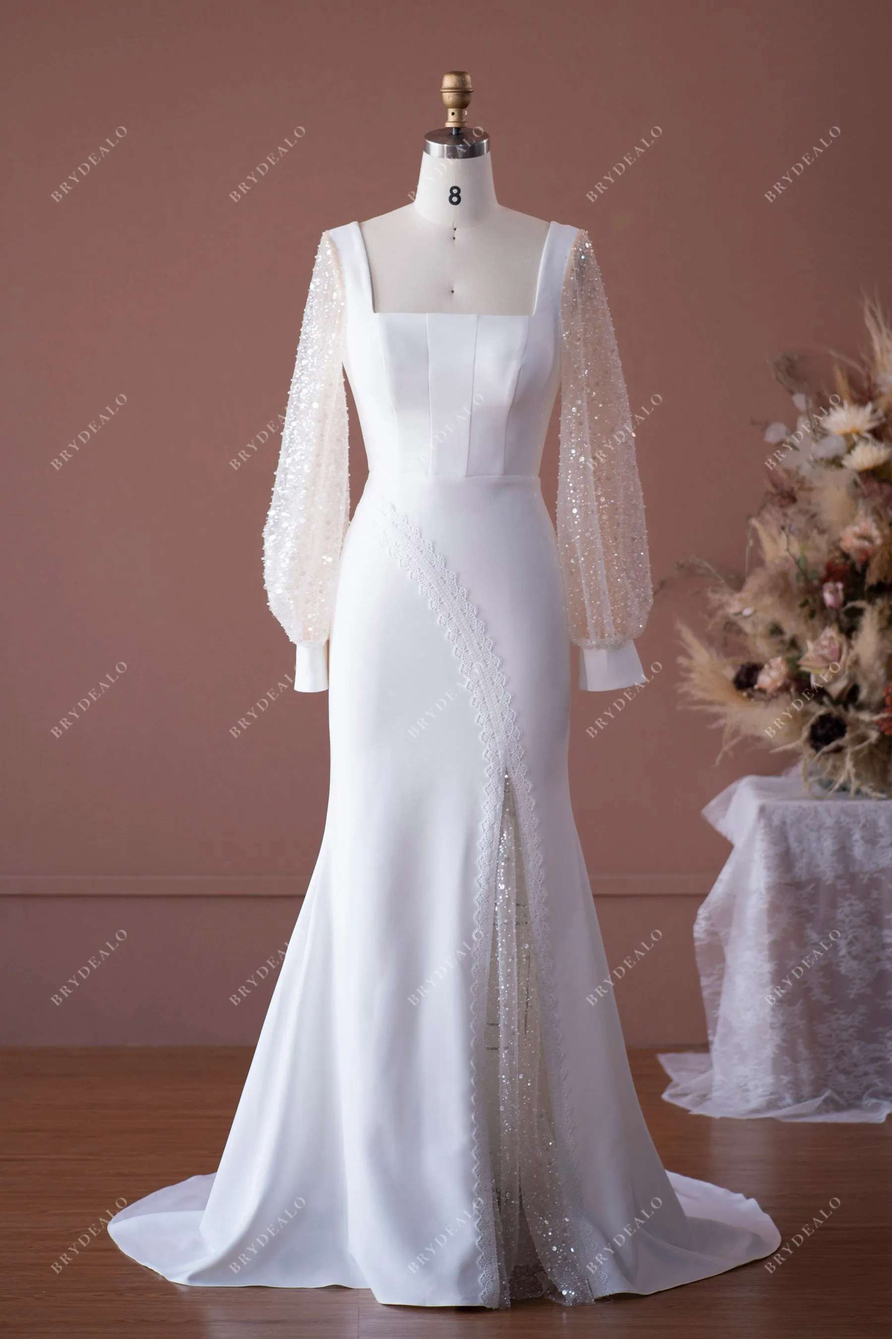 Elegant Beaded Sleeve Mermaid Crepe Wedding Dress