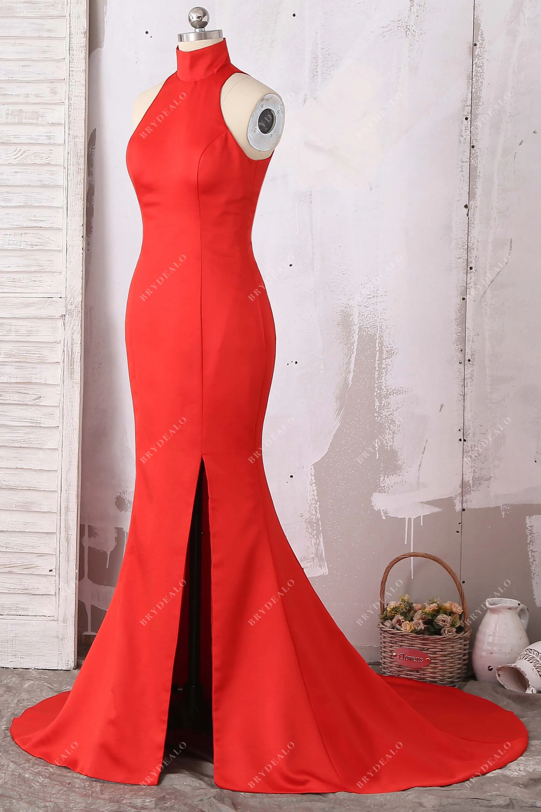 Elegant Red Satin High Neck Slit Long Mermaid Prom Dress