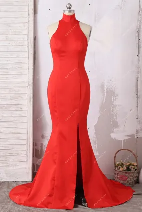 Elegant Red Satin High Neck Slit Long Mermaid Prom Dress