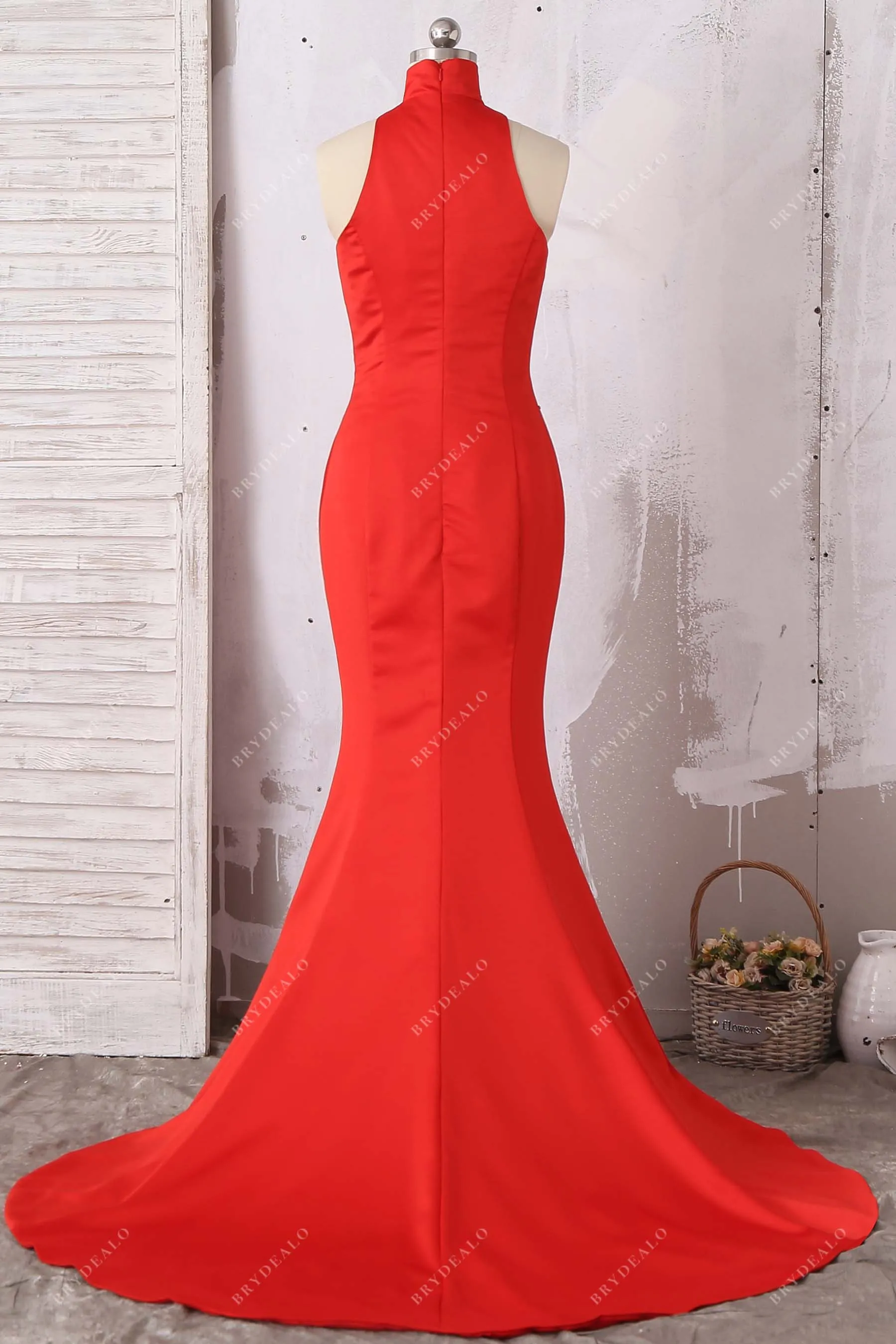 Elegant Red Satin High Neck Slit Long Mermaid Prom Dress