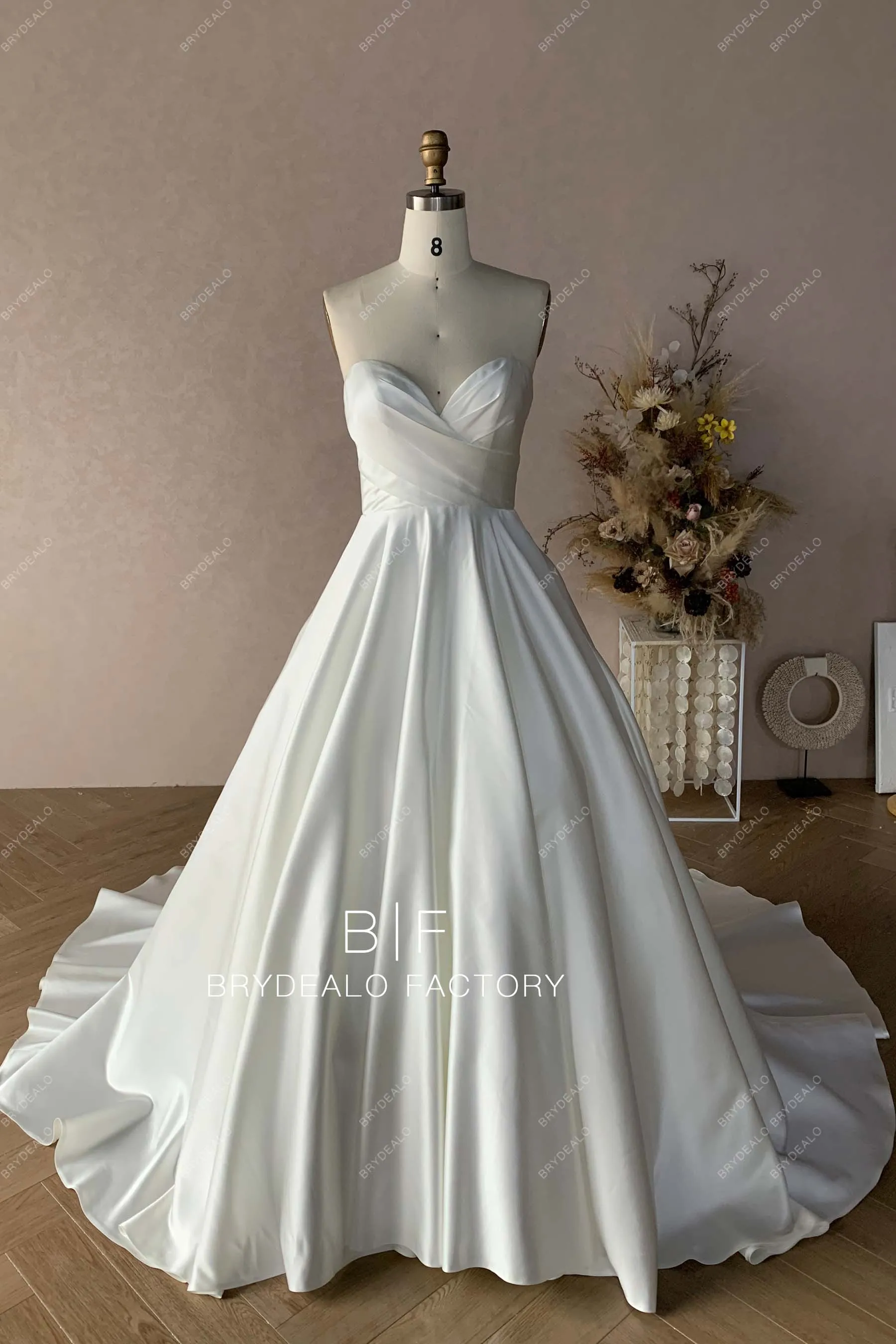 Elegant Satin Aline Wedding Dress with Chapel Train