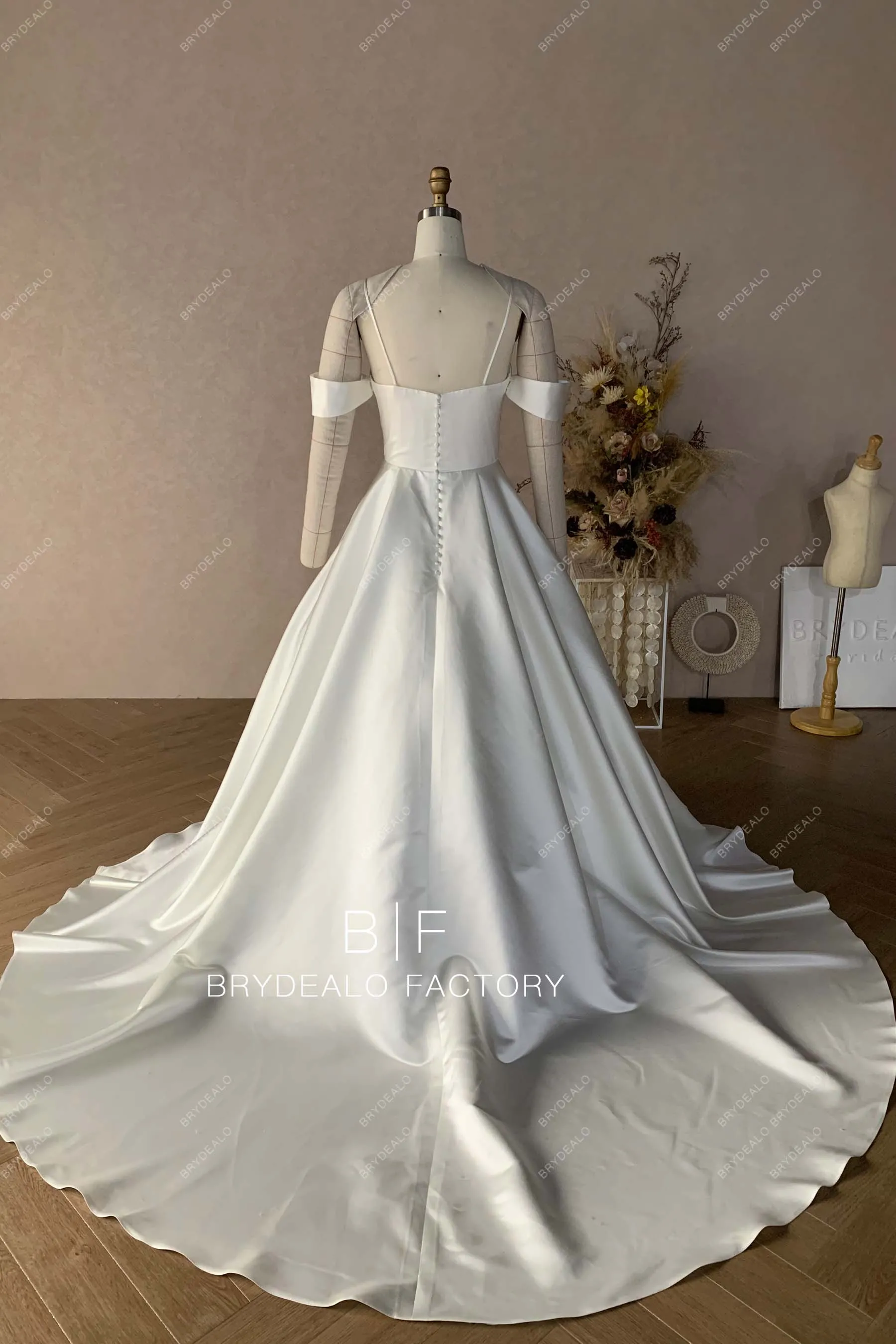 Elegant Satin Aline Wedding Dress with Chapel Train