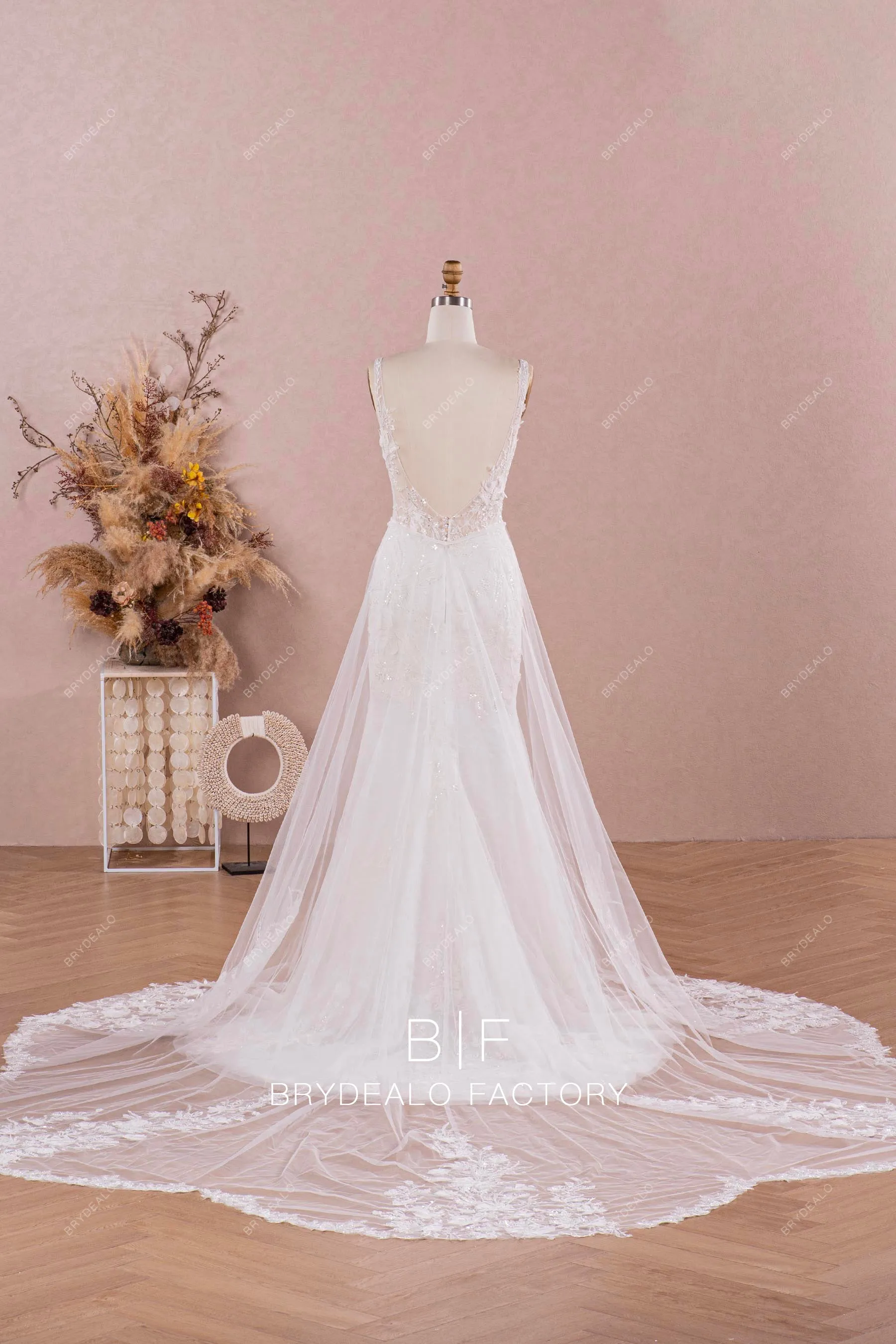 Enchanting Chiffon Blooms Mermaid Wedding Dress with Cutout Overskirt