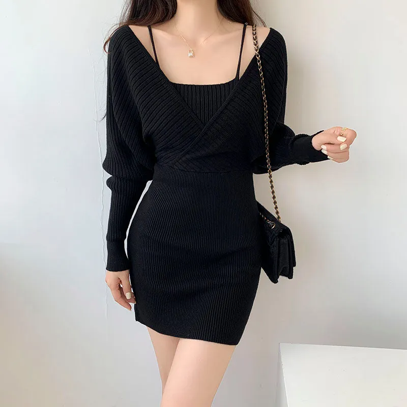 Fake Two Piece Slim Fit Long Sleeve Knit Dress