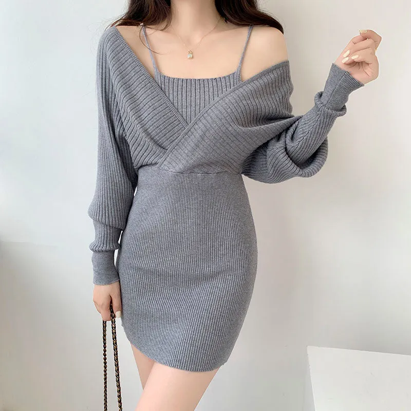 Fake Two Piece Slim Fit Long Sleeve Knit Dress