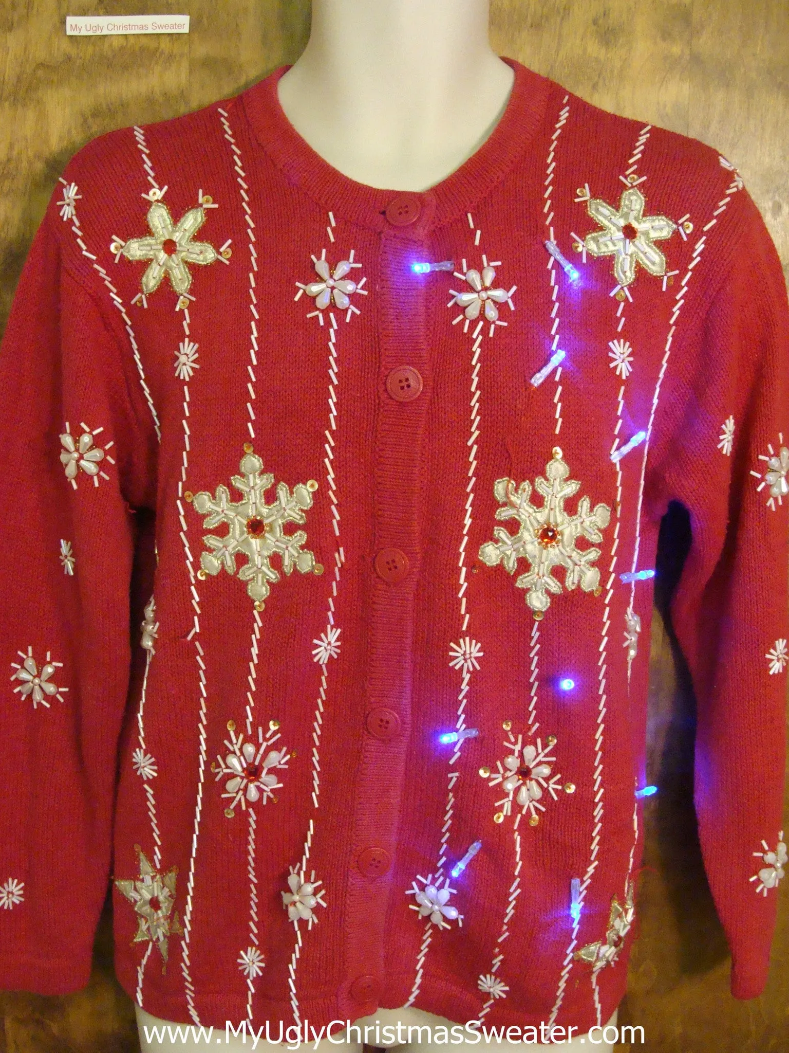 Festive Snowflakes Red Light Up Ugly Xmas Sweater