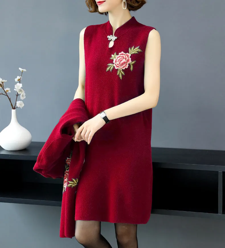 Floral Embroidery Chinese Style Knit Cheongsam & Coat Two-piece Suit