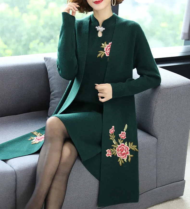 Floral Embroidery Chinese Style Knit Cheongsam & Coat Two-piece Suit