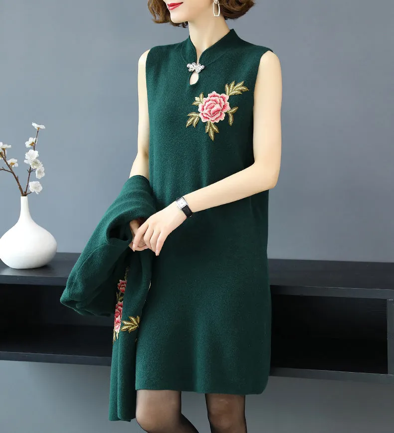 Floral Embroidery Chinese Style Knit Cheongsam & Coat Two-piece Suit