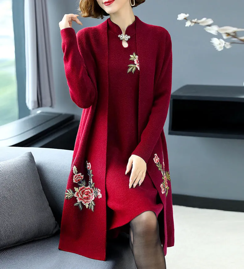 Floral Embroidery Chinese Style Knit Cheongsam & Coat Two-piece Suit