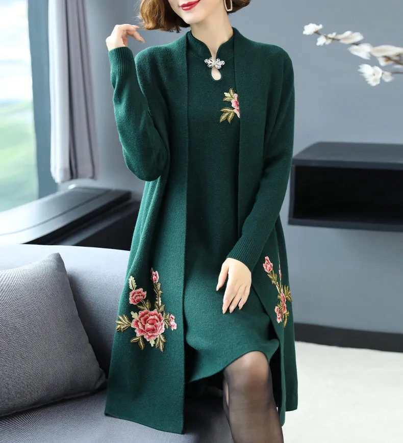 Floral Embroidery Chinese Style Knit Cheongsam & Coat Two-piece Suit