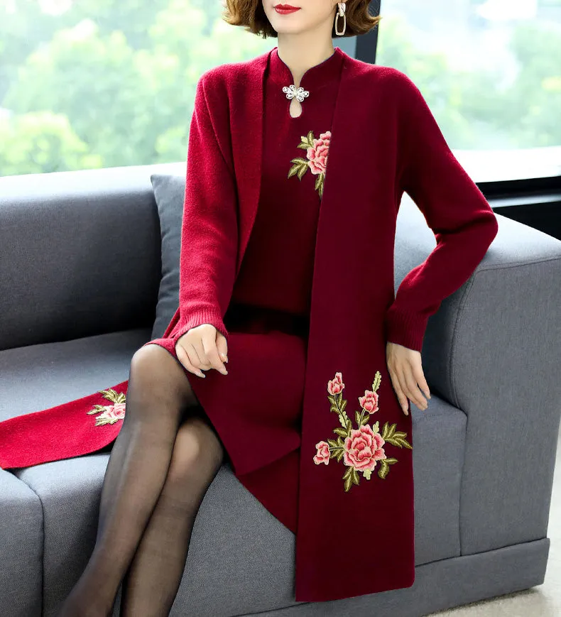 Floral Embroidery Chinese Style Knit Cheongsam & Coat Two-piece Suit