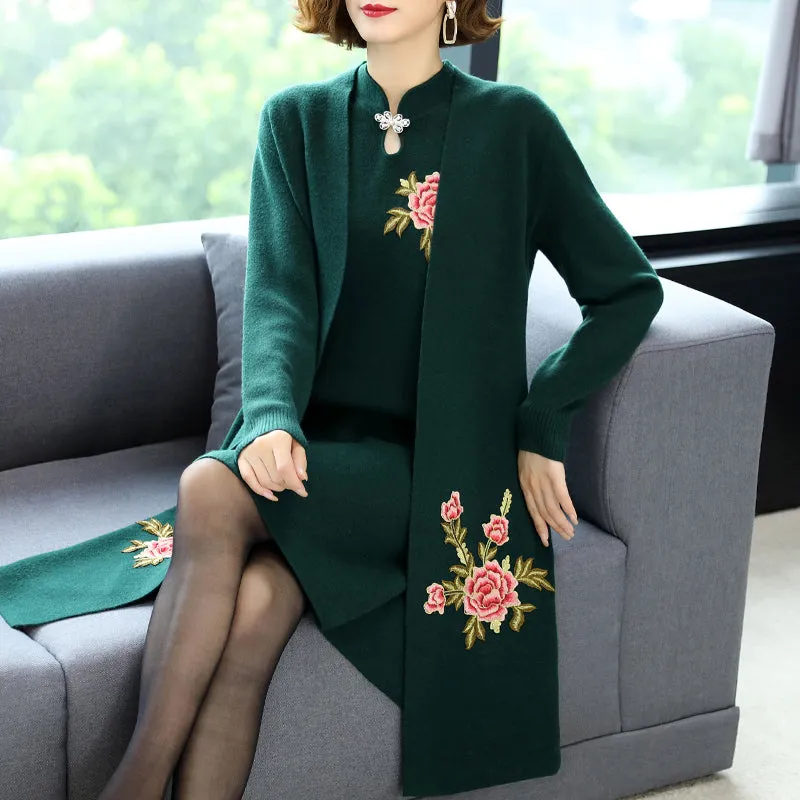 Floral Embroidery Chinese Style Knit Cheongsam & Coat Two-piece Suit