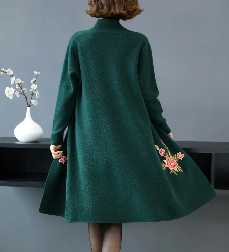 Floral Embroidery Chinese Style Knit Cheongsam & Coat Two-piece Suit