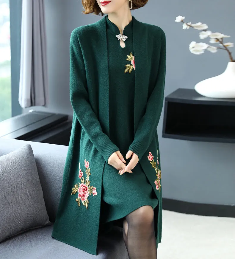 Floral Embroidery Chinese Style Knit Cheongsam & Coat Two-piece Suit