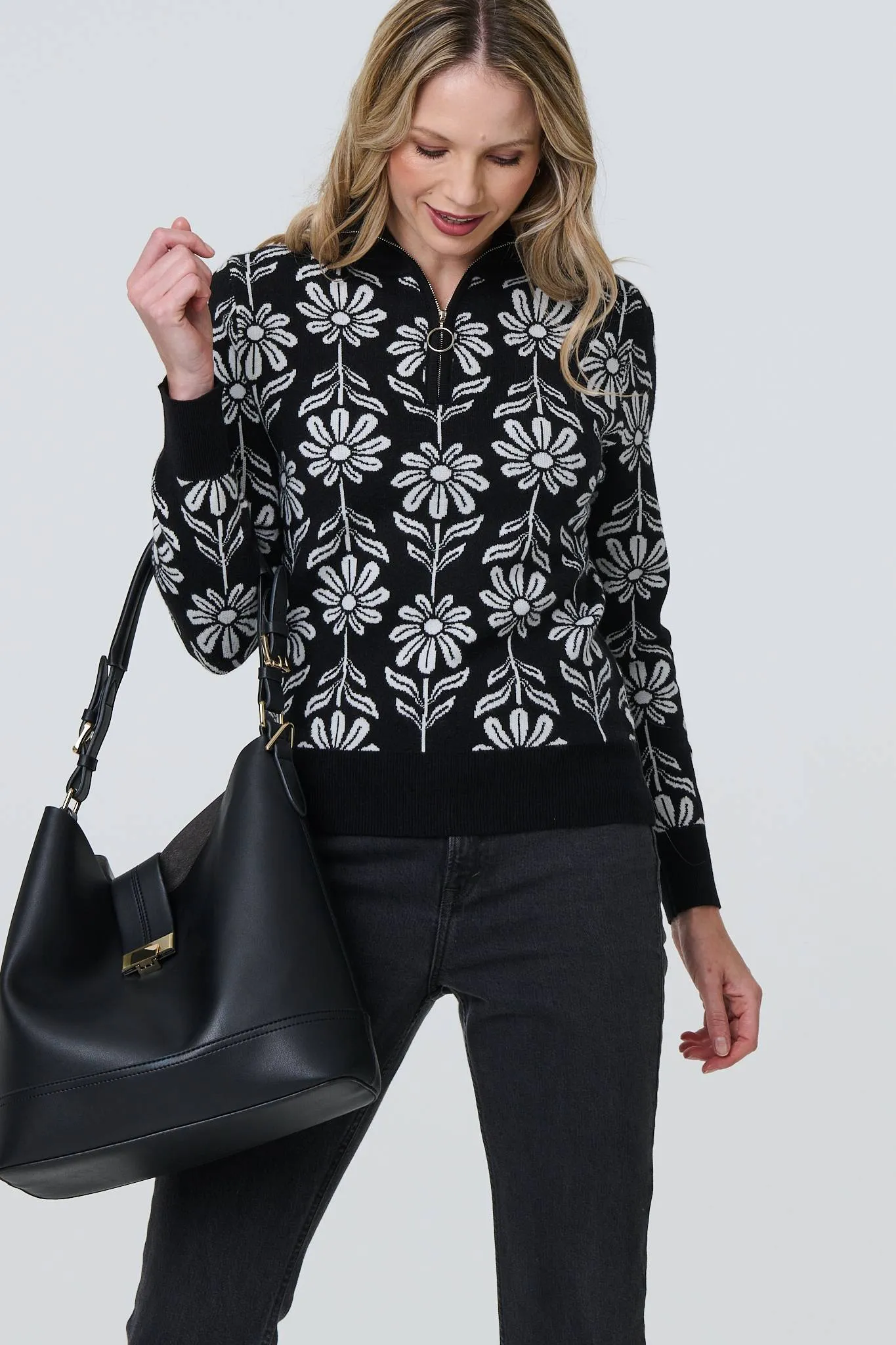 Floral Zip Neck Long Sleeve Pullover