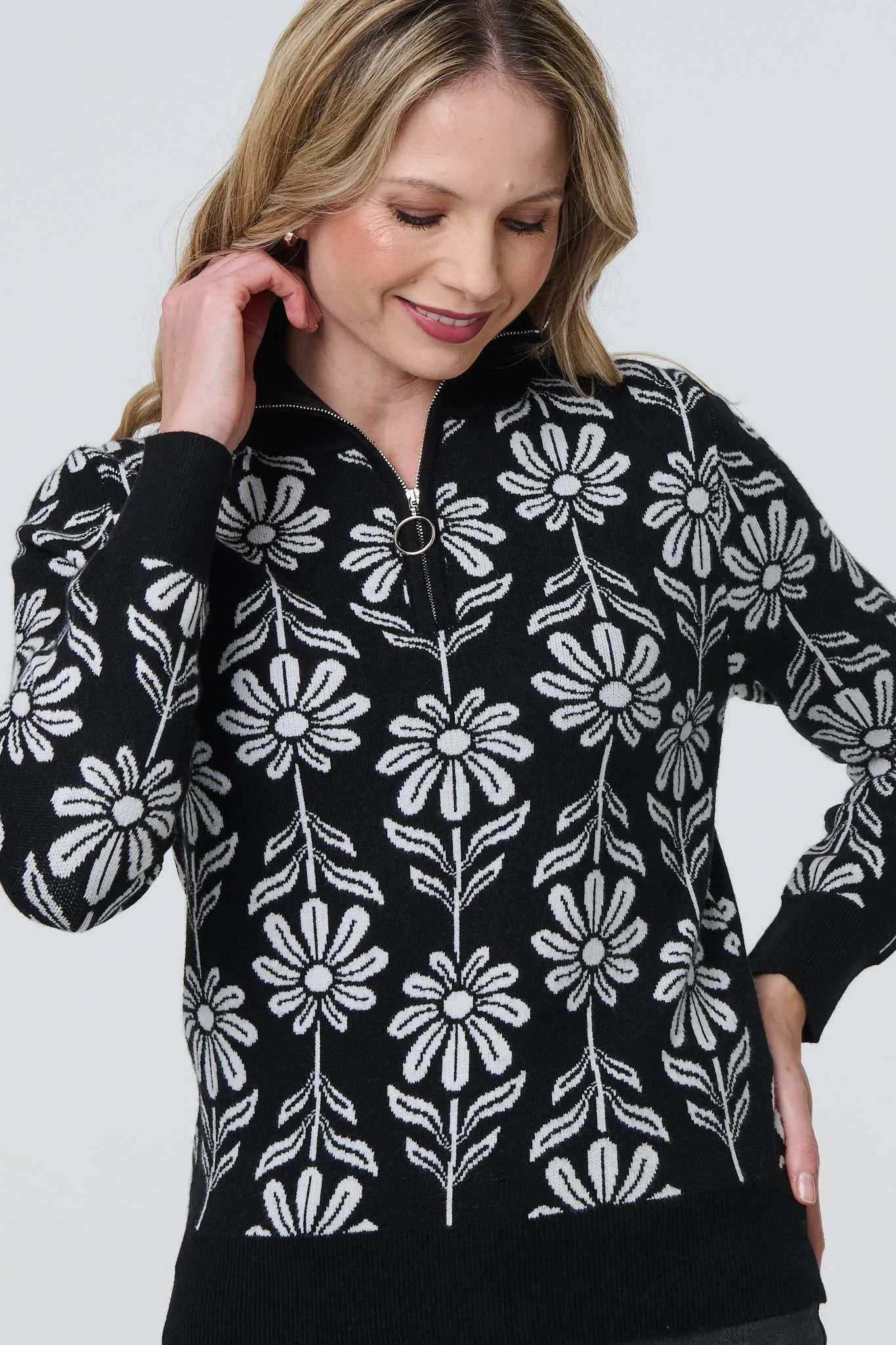 Floral Zip Neck Long Sleeve Pullover