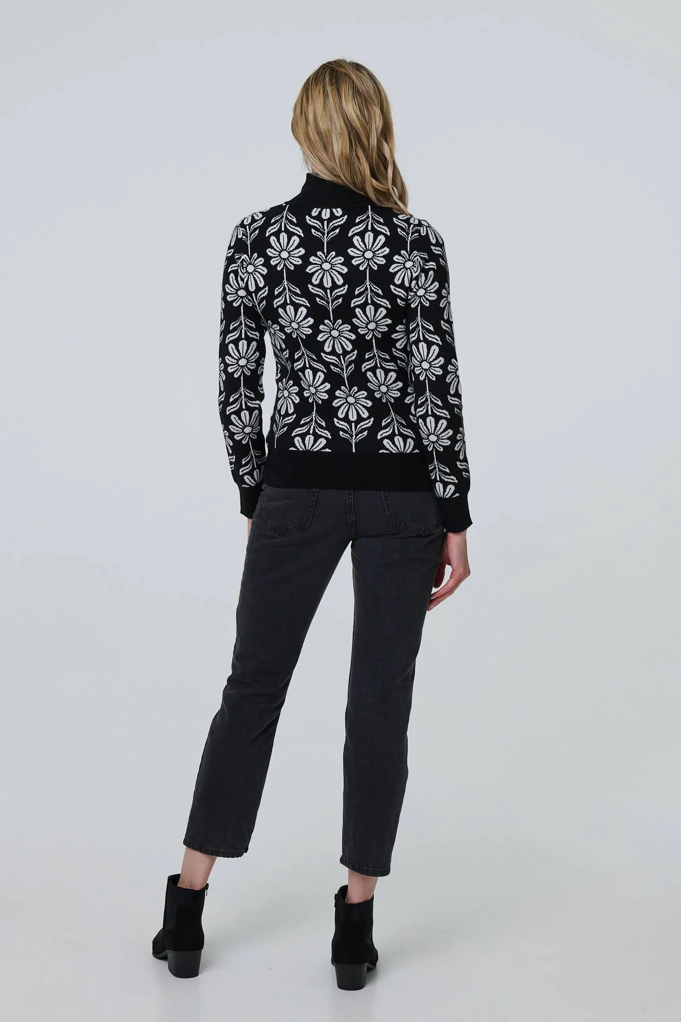 Floral Zip Neck Long Sleeve Pullover