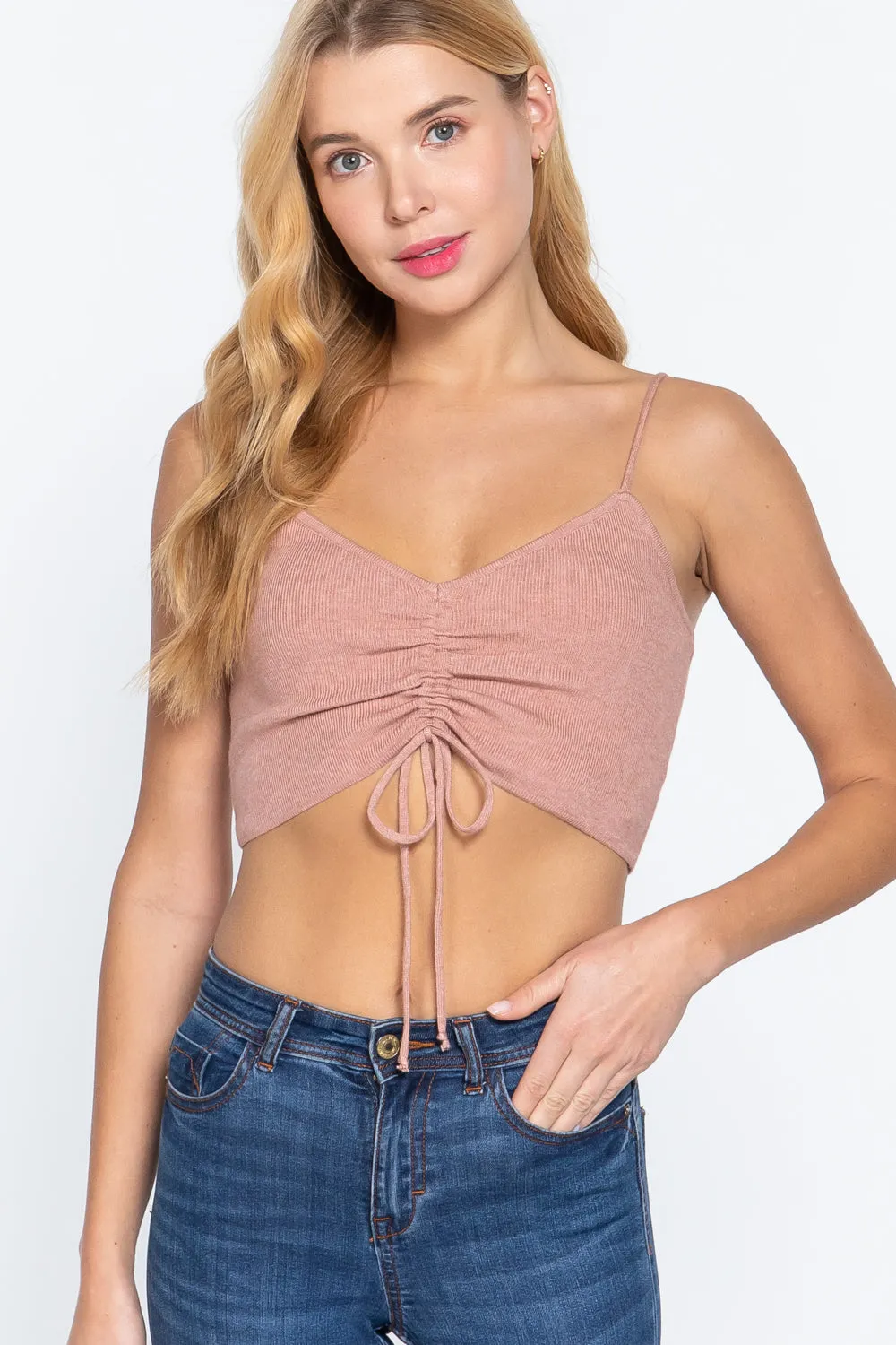 Front Ruched Detail Sweater Knit Crop Cami Pink Top_