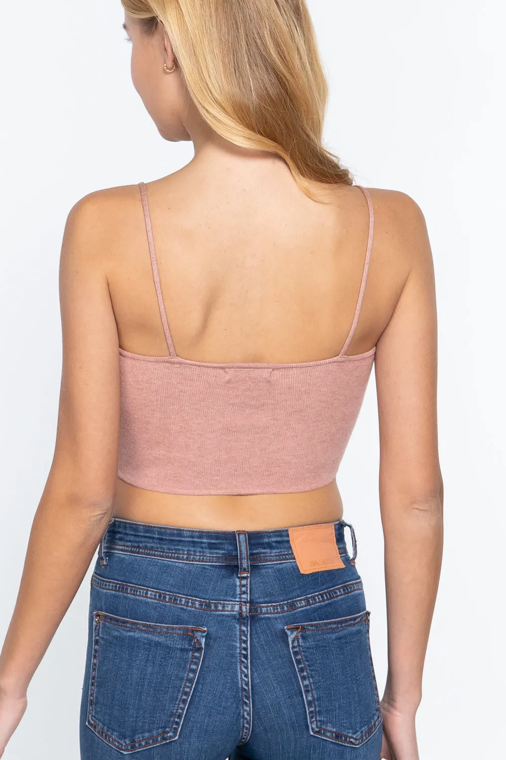 Front Ruched Detail Sweater Knit Crop Cami Pink Top_