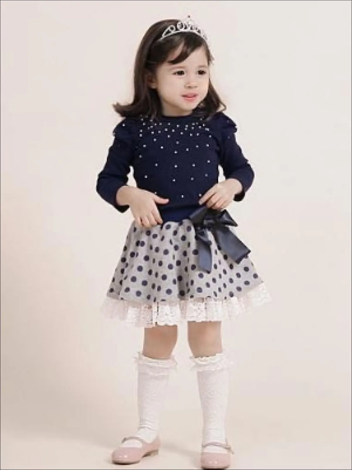 Girls Preppy Blue Embellished Sweater Top And Polka Dot Lace Trimmed Skirt Set