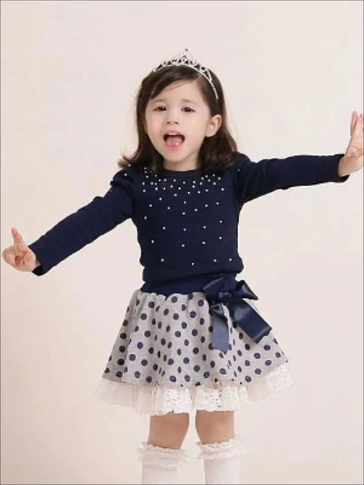 Girls Preppy Blue Embellished Sweater Top And Polka Dot Lace Trimmed Skirt Set