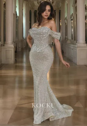 Glamorous & Dramatic Off-Shoulder Beaded Mermaid Evening Party Prom Dress