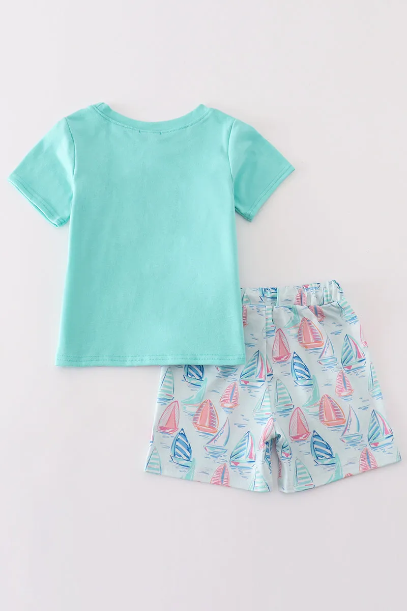 Green sailboat print boy set