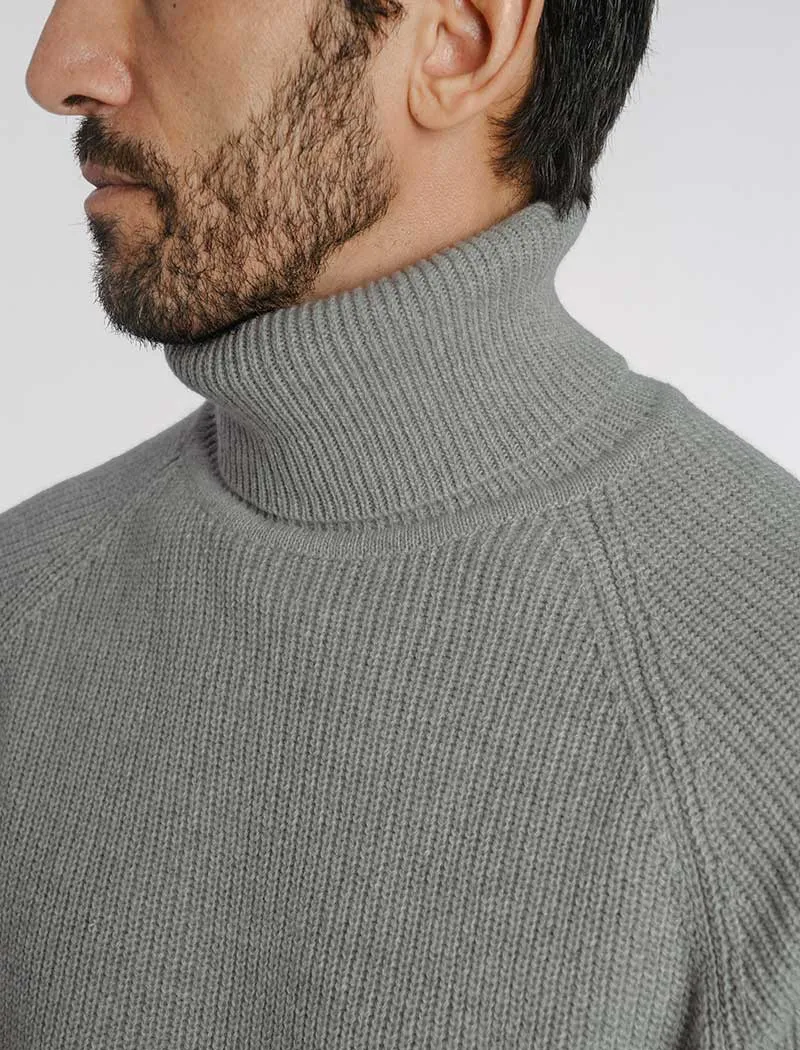 Grey Ribbed Wool & Cashmere Roll Neck Jumper