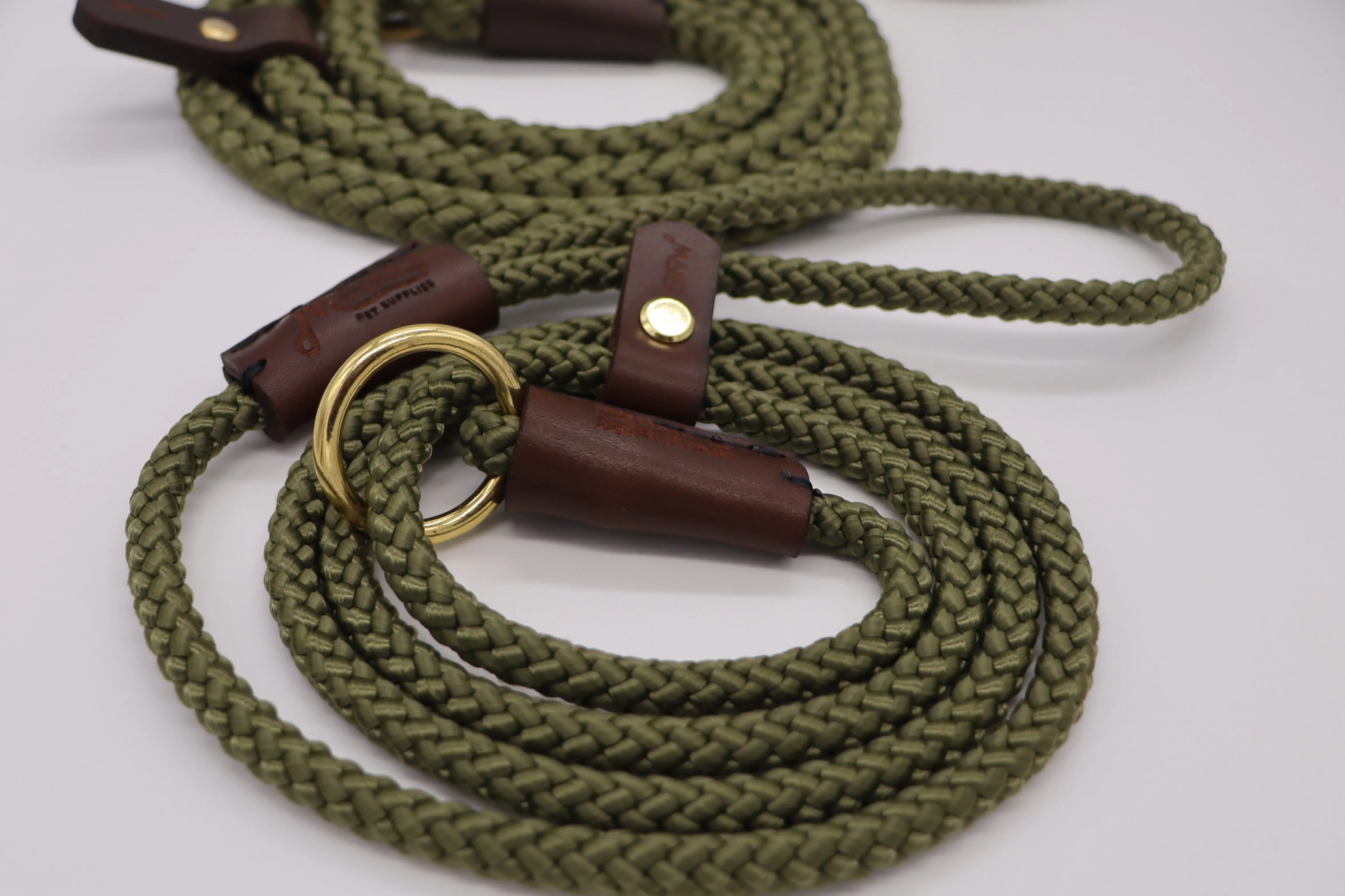 Hand sewn Traditional Gundog Slip Lead - Solid Brass and Leather with Black or Olive Nylon Rope