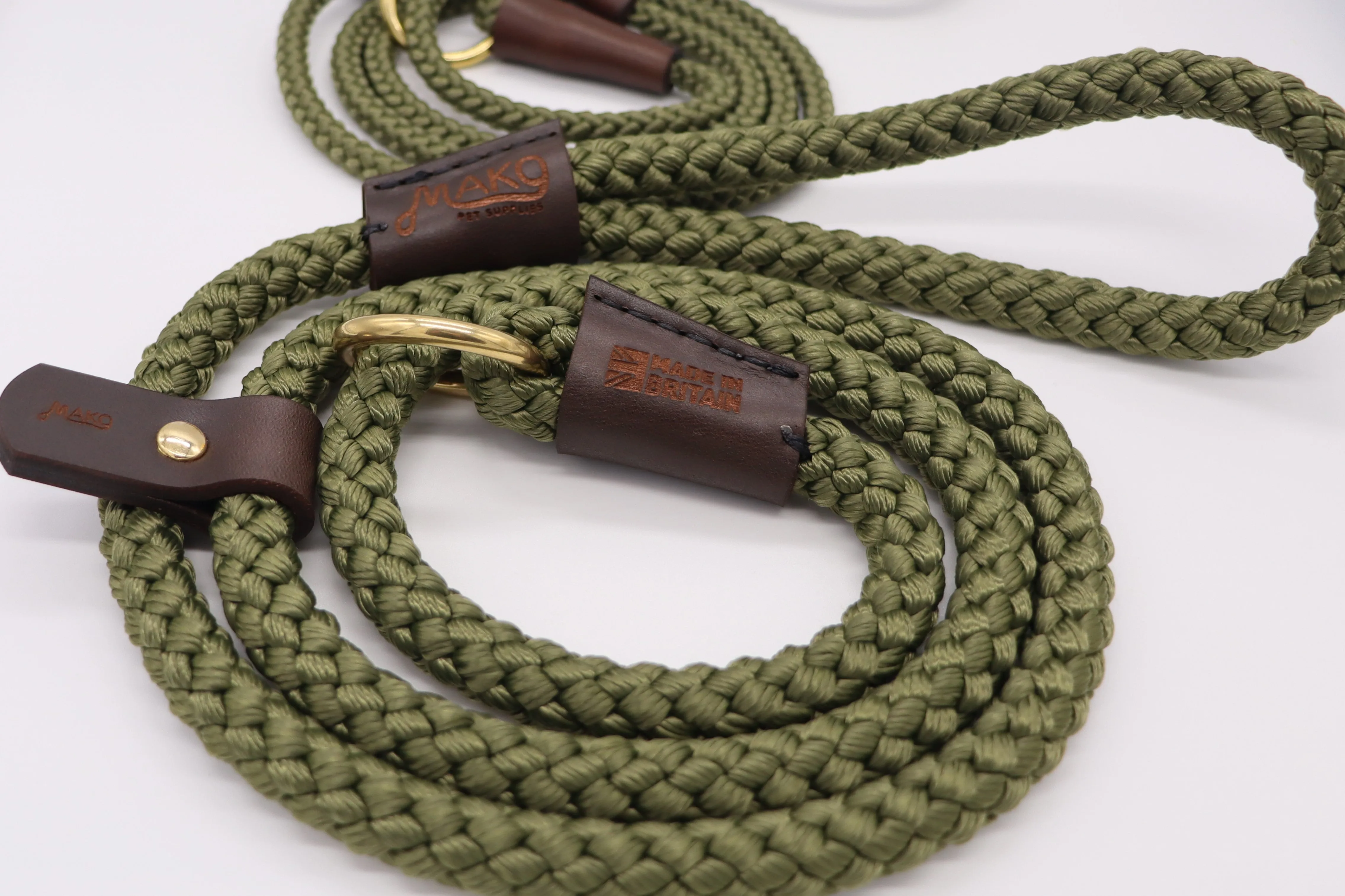 Hand sewn Traditional Gundog Slip Lead - Solid Brass and Leather with Black or Olive Nylon Rope