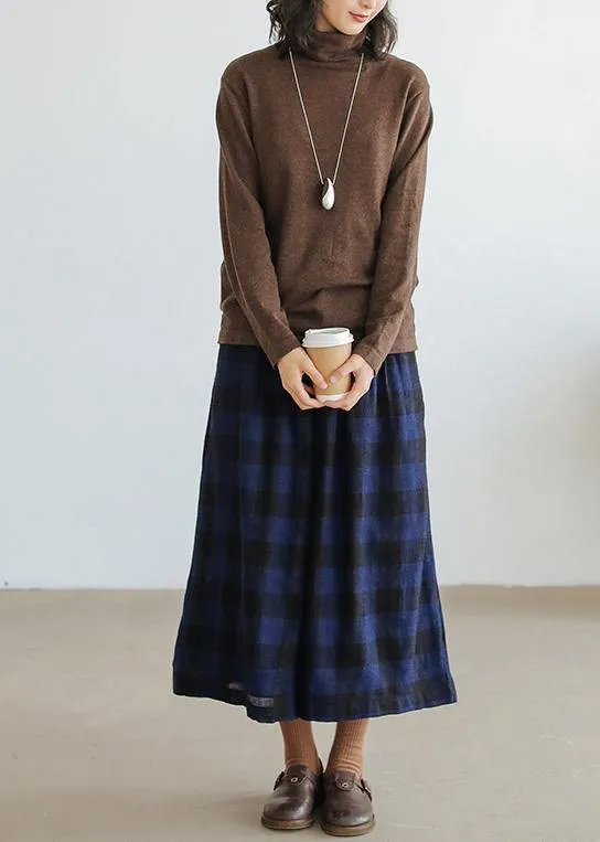 Handmade blue plaid pants plus size fall wide leg pants