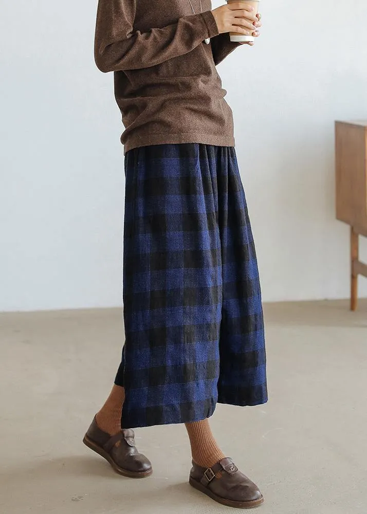 Handmade blue plaid pants plus size fall wide leg pants