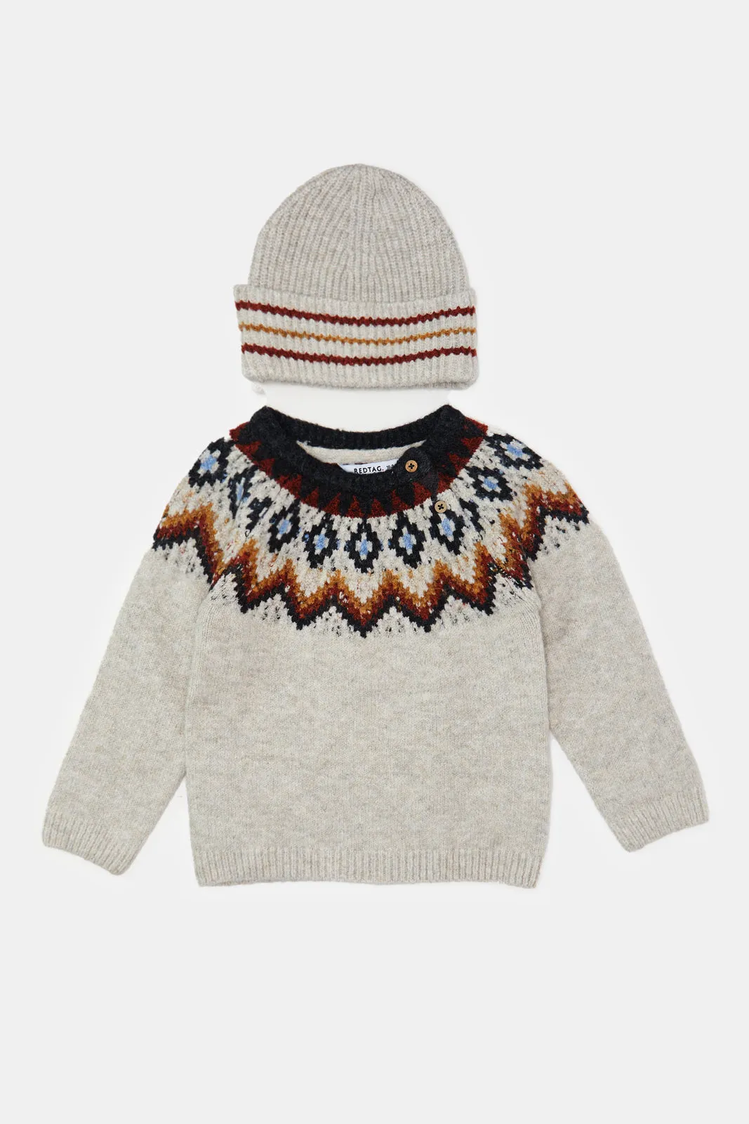 Infant Boys Ecru Knitted Pullover With Cap Set (2 Piece)