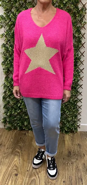 Julia V-Neck Soft Gold Lurex Large Star Jumper (3 Colours)