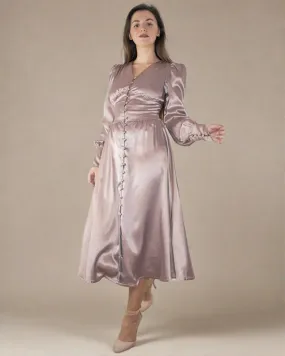 Kelsey Mocha Brown Satin Corset Dress - Button Up Long Sleeve Satin Dress