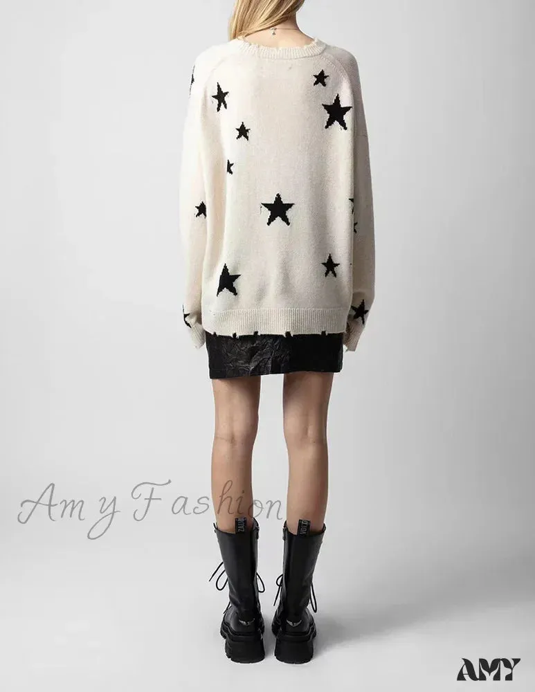 Knit Star Pattern Ripped Loose Round Neck Long Sleeve Casual Sweater