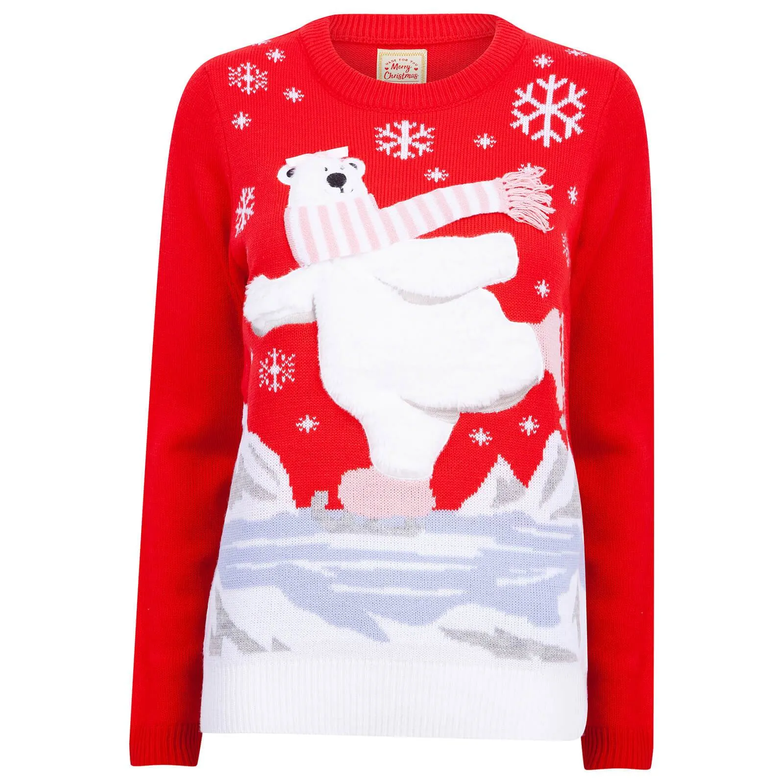 Ladies Christmas Jumper Polar Bear Ice Skating Red